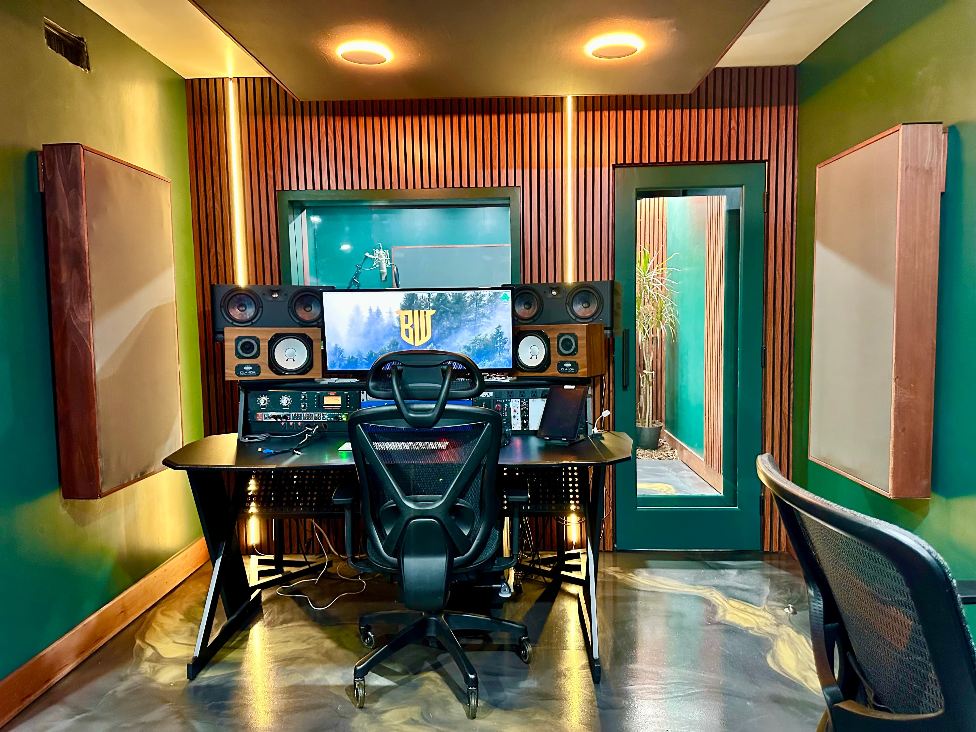 Ivy Room producer desk and vocal booth at Basswood Studios recording studio